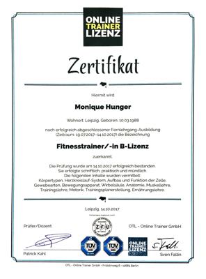Monique Hunger Zertifikat für Fitnesstrainer in B-Lizenz