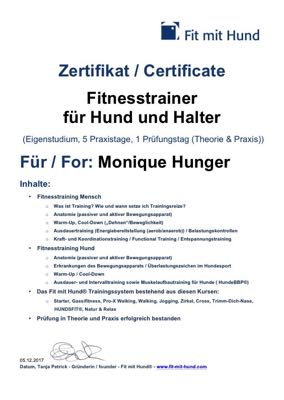 Monique Hunger Zertifikat als Fitnesstrainer für Hund und Halter von Fit mit Hund