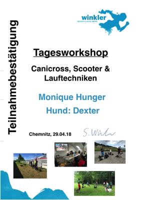 Urkunde für einen Tagesworkshop für Canicross, Scooter und Lauftechniken - Hunger Hunger